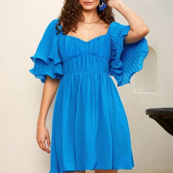 Blue Sweetheart Neck Flounce Sleeve Ruched Bust Dress - Picture 3 of 5